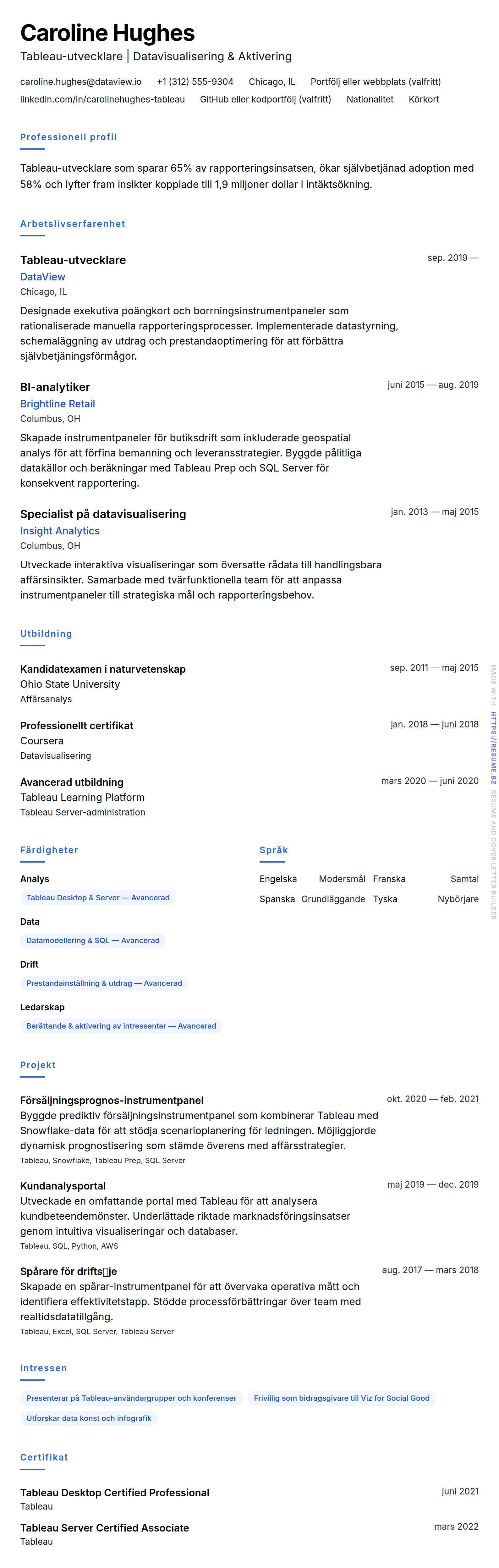 CV-förhandsgranskning för Exempel på CV för Tableau-utvecklare
