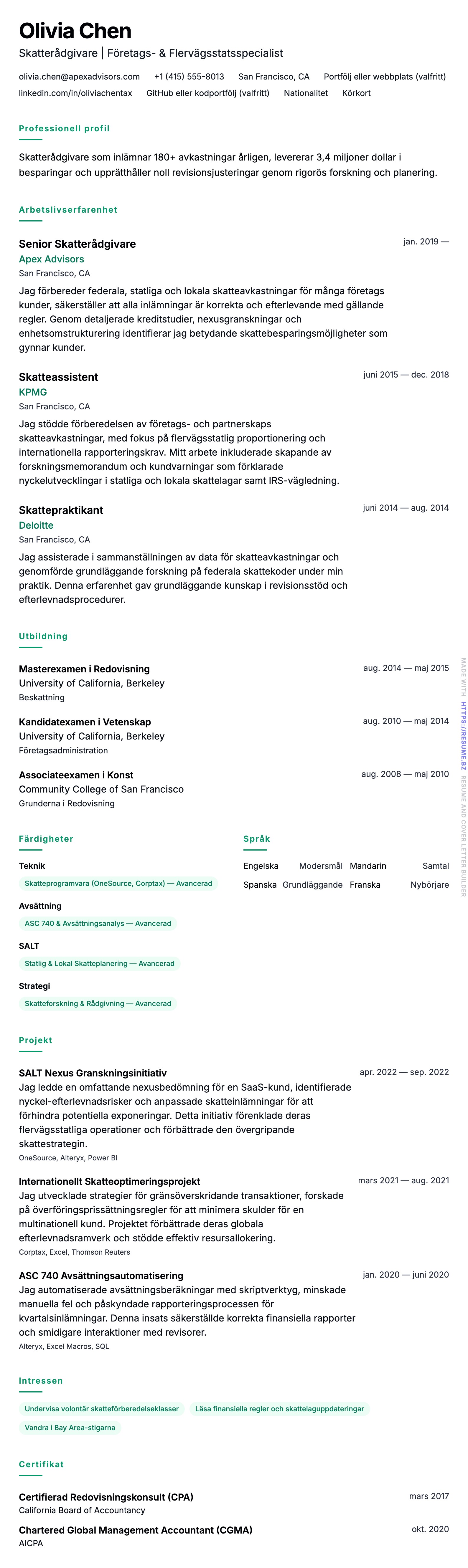CV-förhandsgranskning för Skatterådgivare CV-exempel