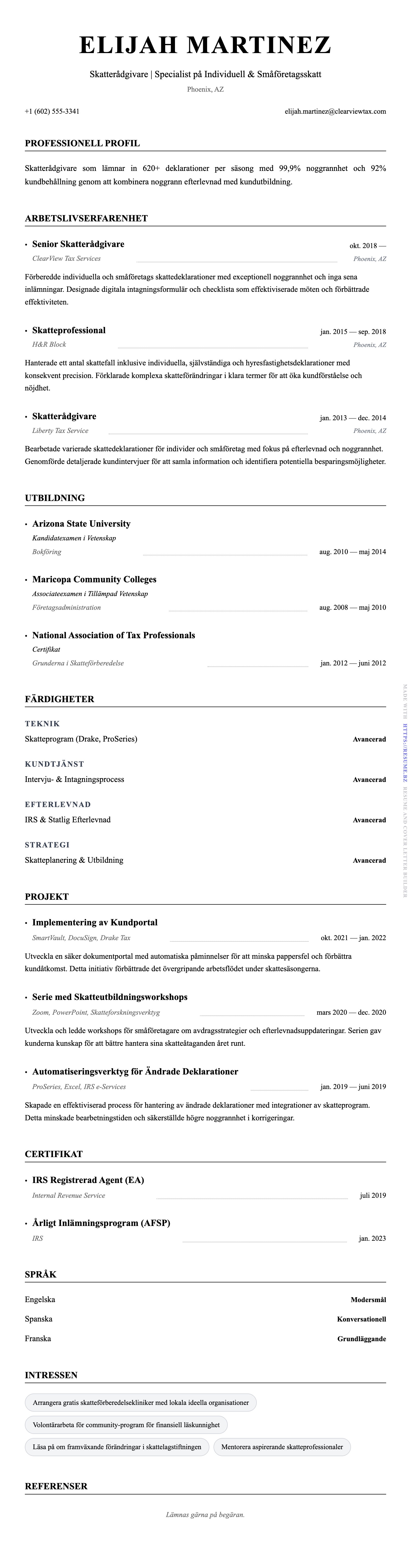 CV-förhandsgranskning för Exempel på CV för Skatterådgivare
