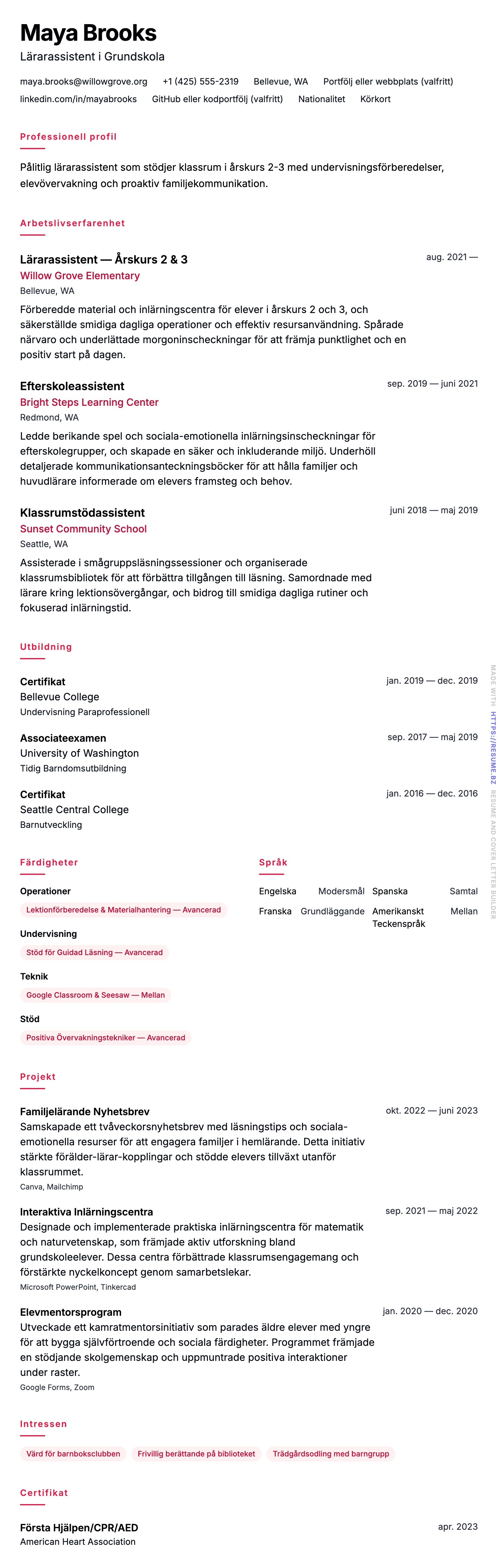 CV-förhandsgranskning för Exempel på CV för Lärarassistent