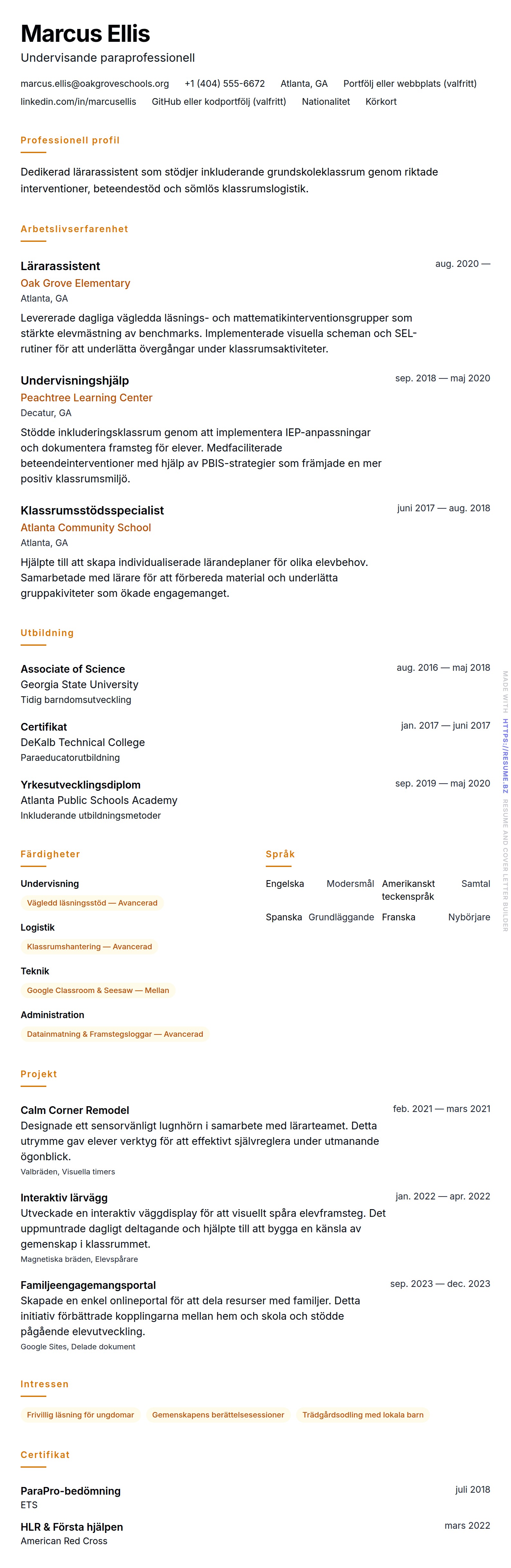 CV-förhandsgranskning för Exempel på CV för lärarassistent