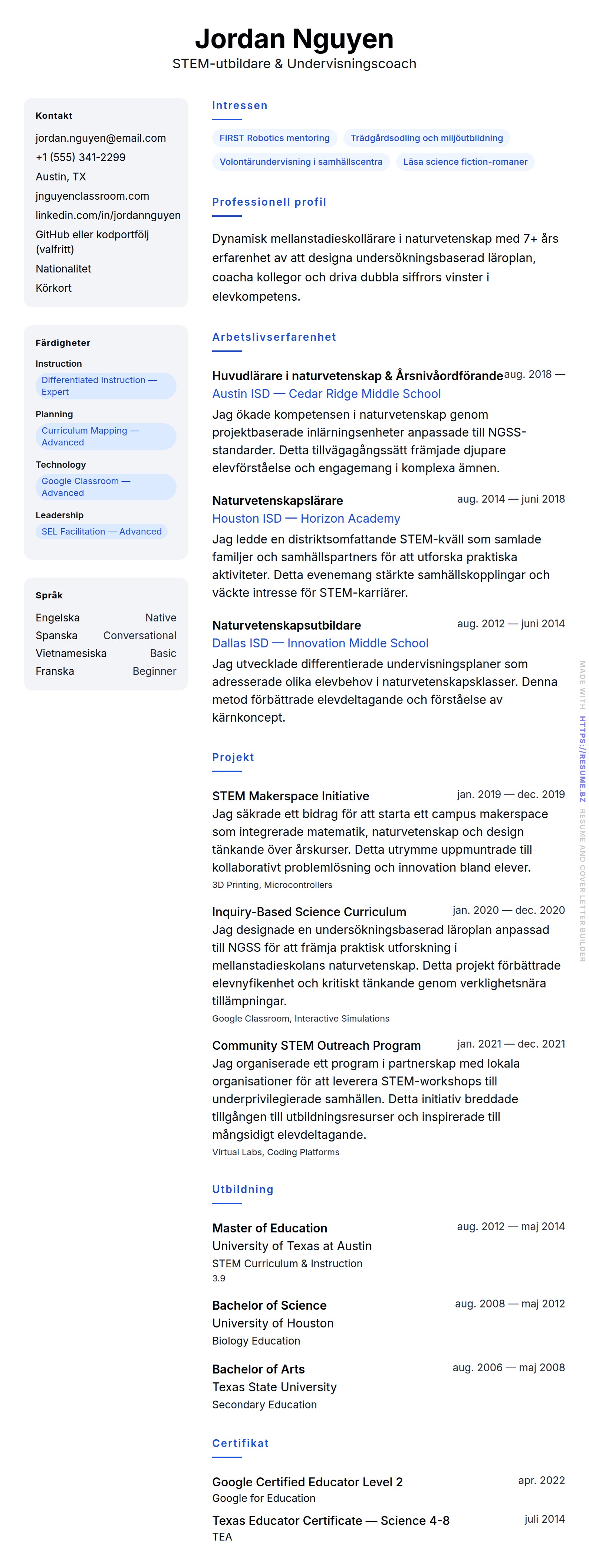 CV-förhandsgranskning för Exempel på lärar-CV