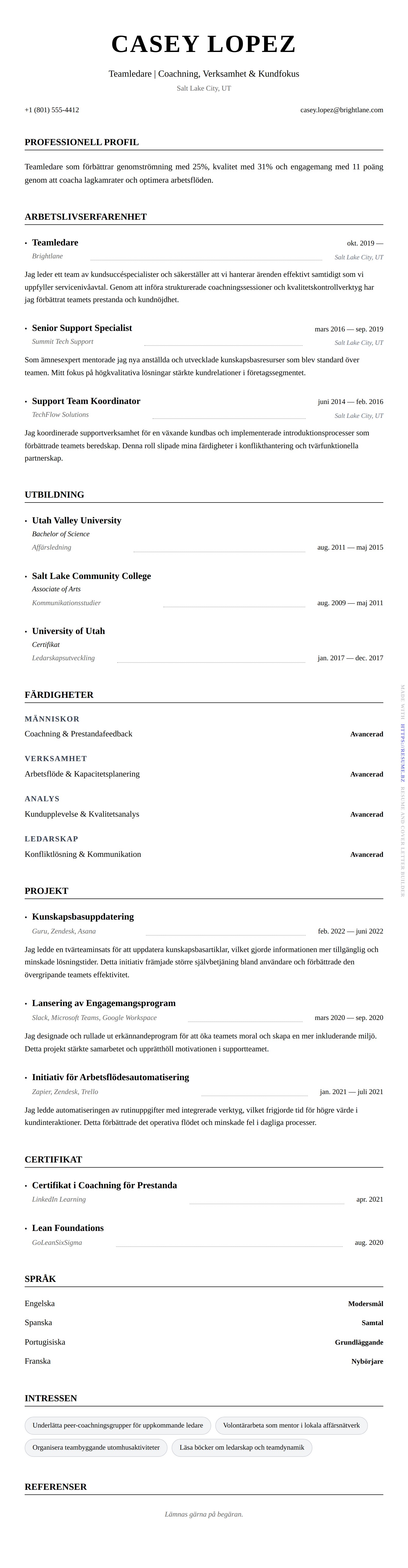 CV-förhandsgranskning för Exempel på CV för Teamledare