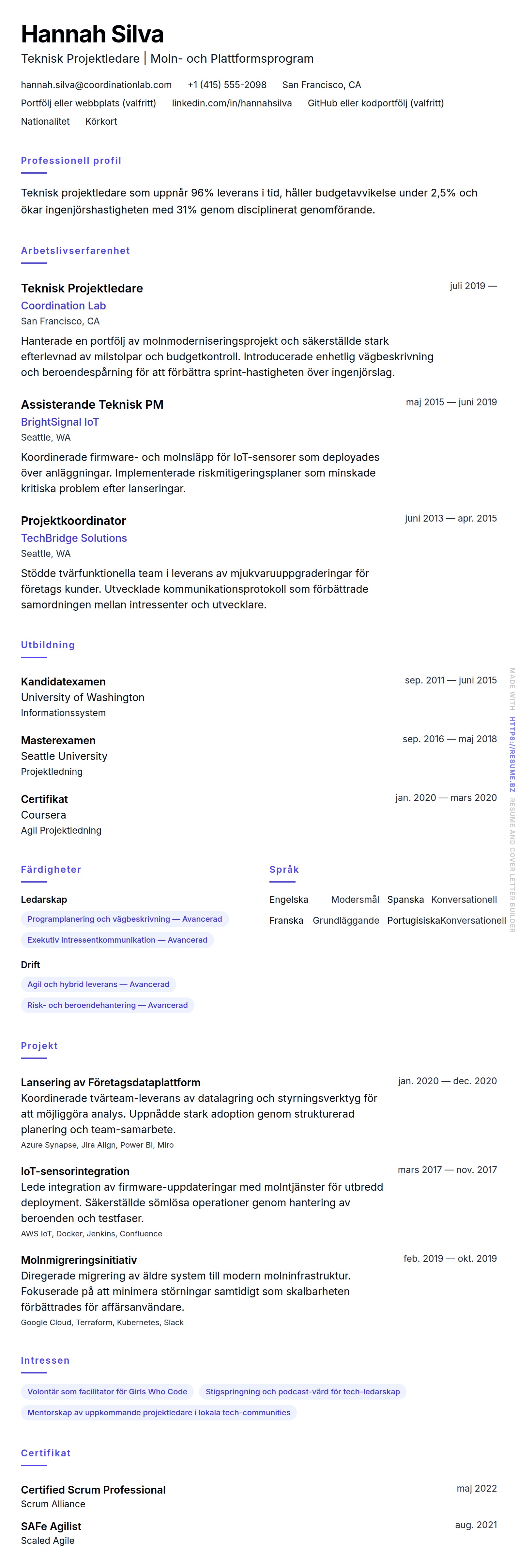 CV-förhandsgranskning för Exempel på CV för Teknisk Projektledare