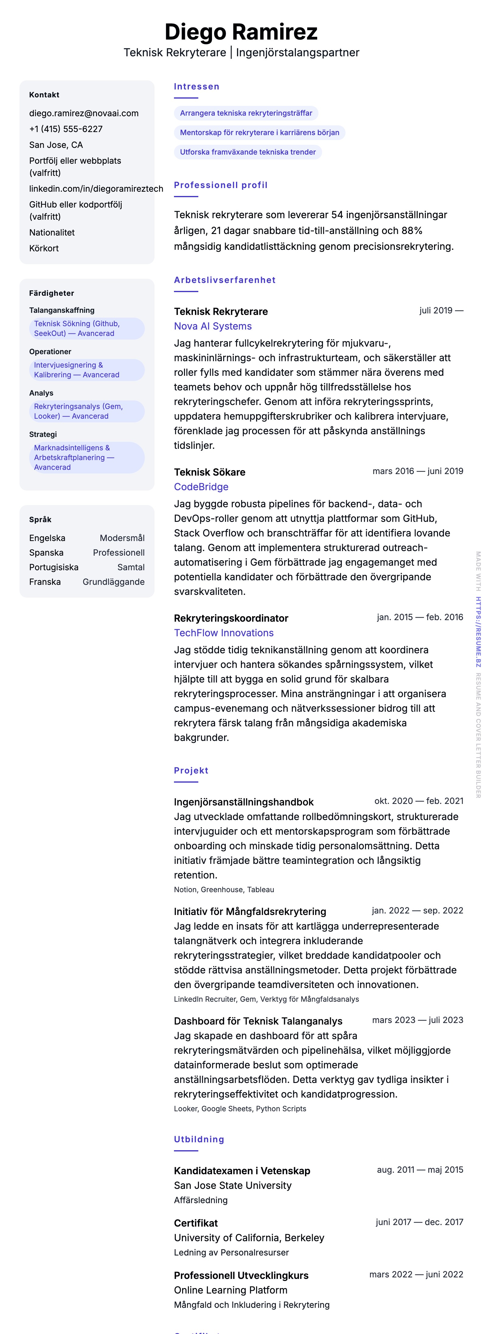 CV-förhandsgranskning för Exempel på CV för Teknisk Rekryterare