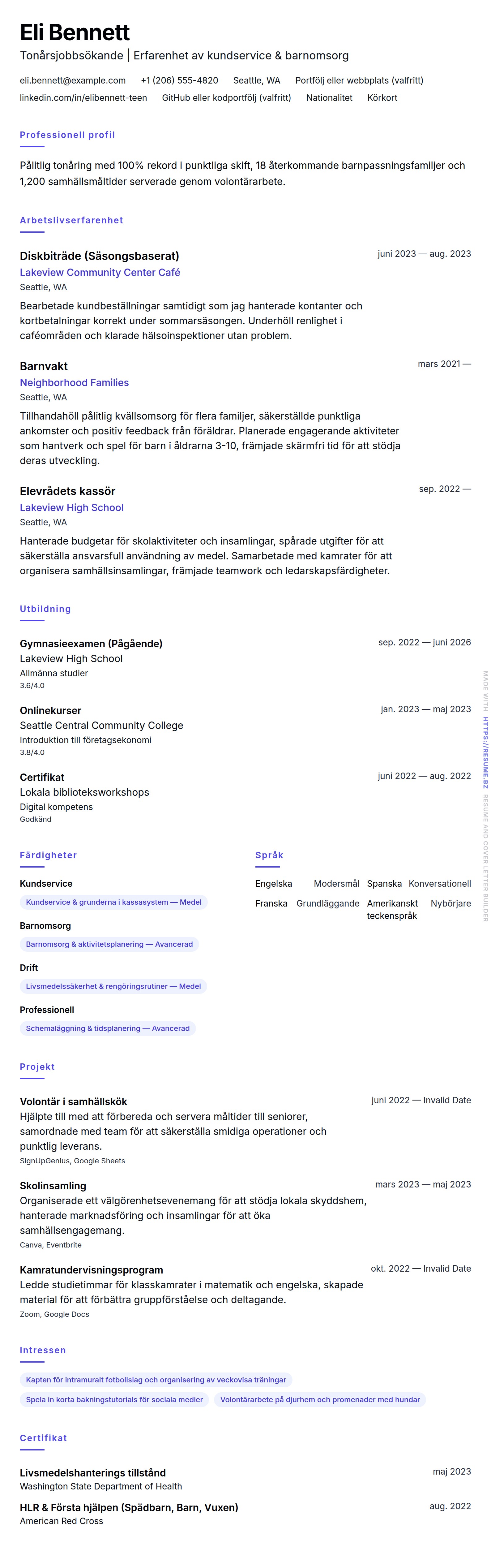 CV-förhandsgranskning för Exempel på CV för tonårsjobbsökande