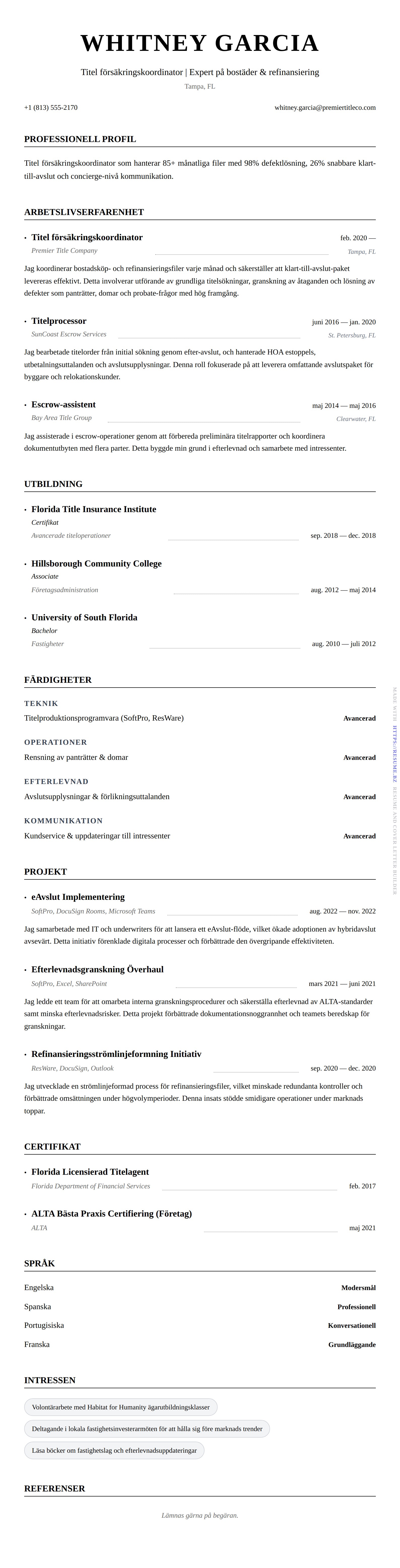 CV-förhandsgranskning för Titel försäkringskoordinator CV-exempel