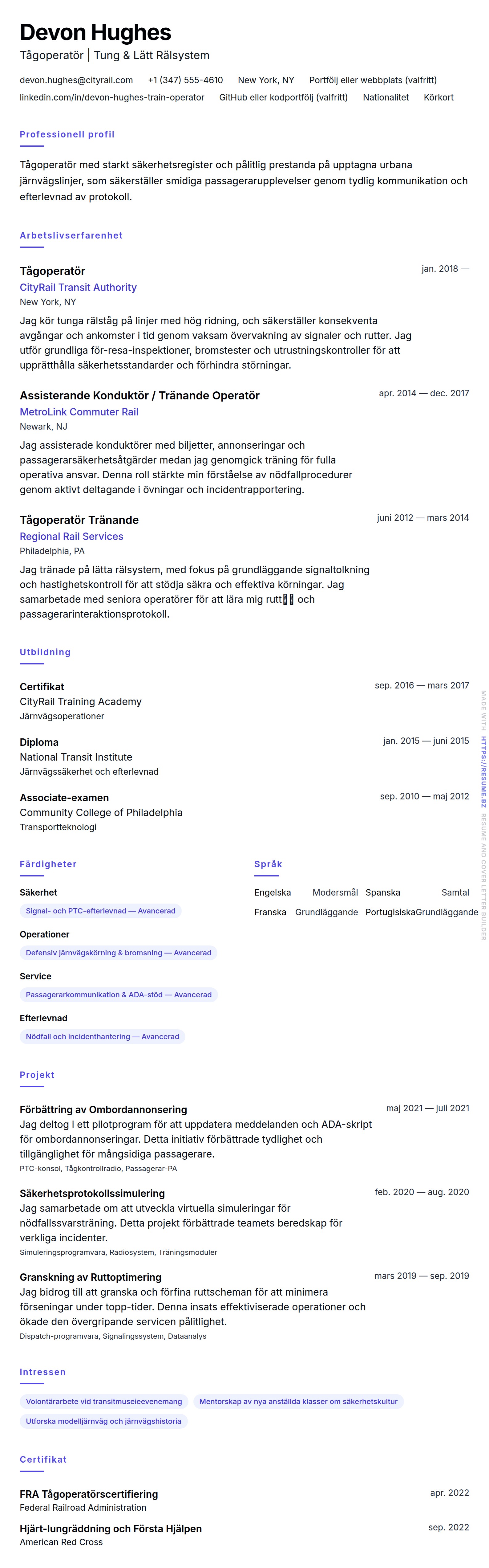 CV-förhandsgranskning för Tågoperatör CV-exempel