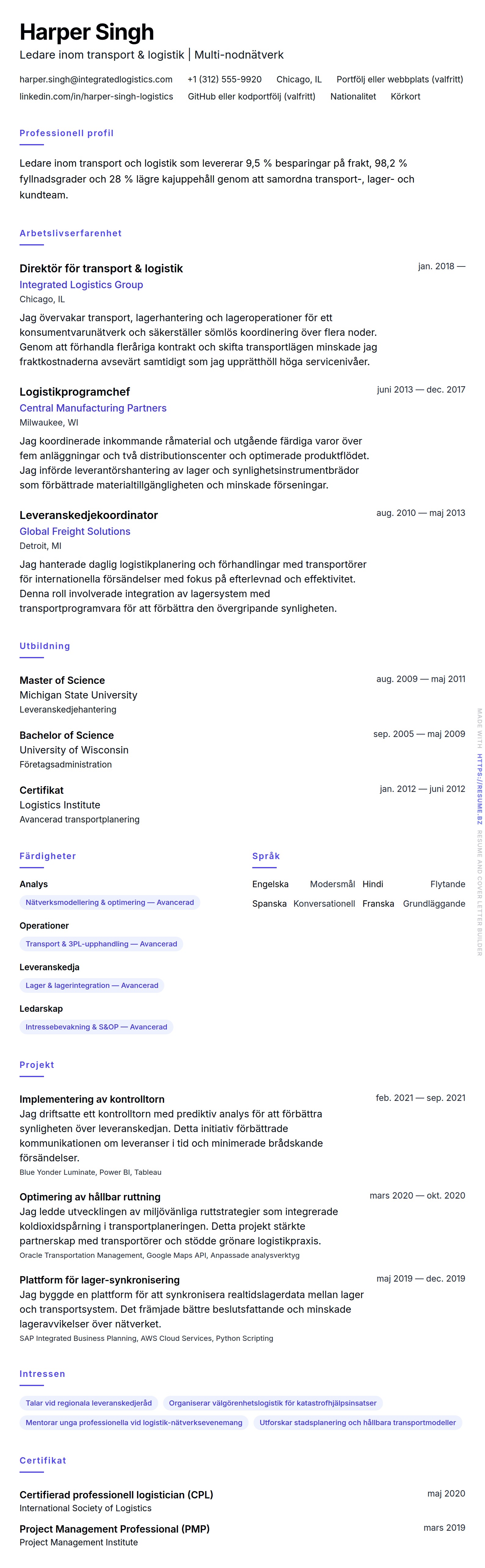 CV-förhandsgranskning för Exempel på CV för transport- och logistikprofessional