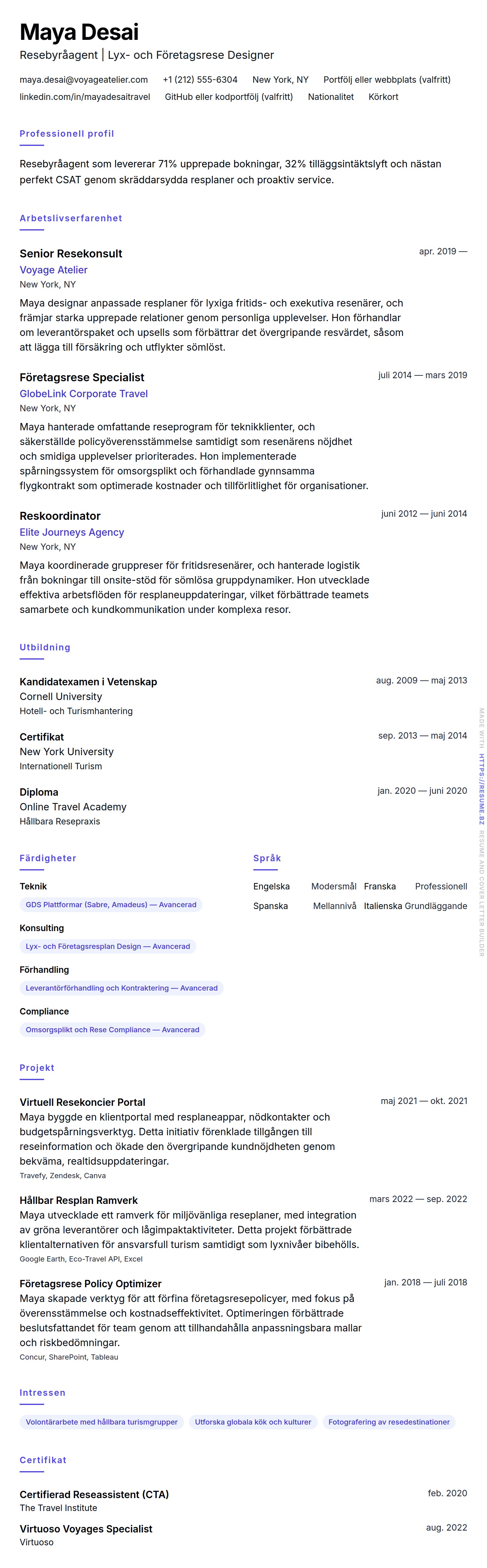 CV-förhandsgranskning för Exempel på CV för Resebyråagent