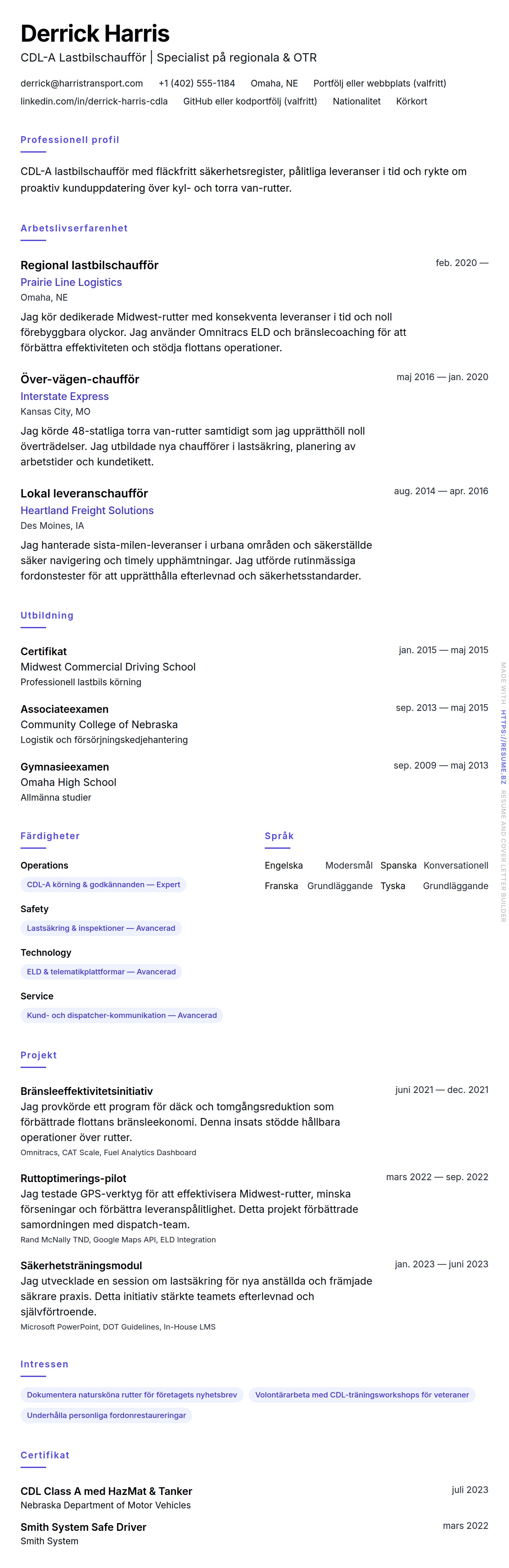 CV-förhandsgranskning för Exempel på CV för lastbilschaufför