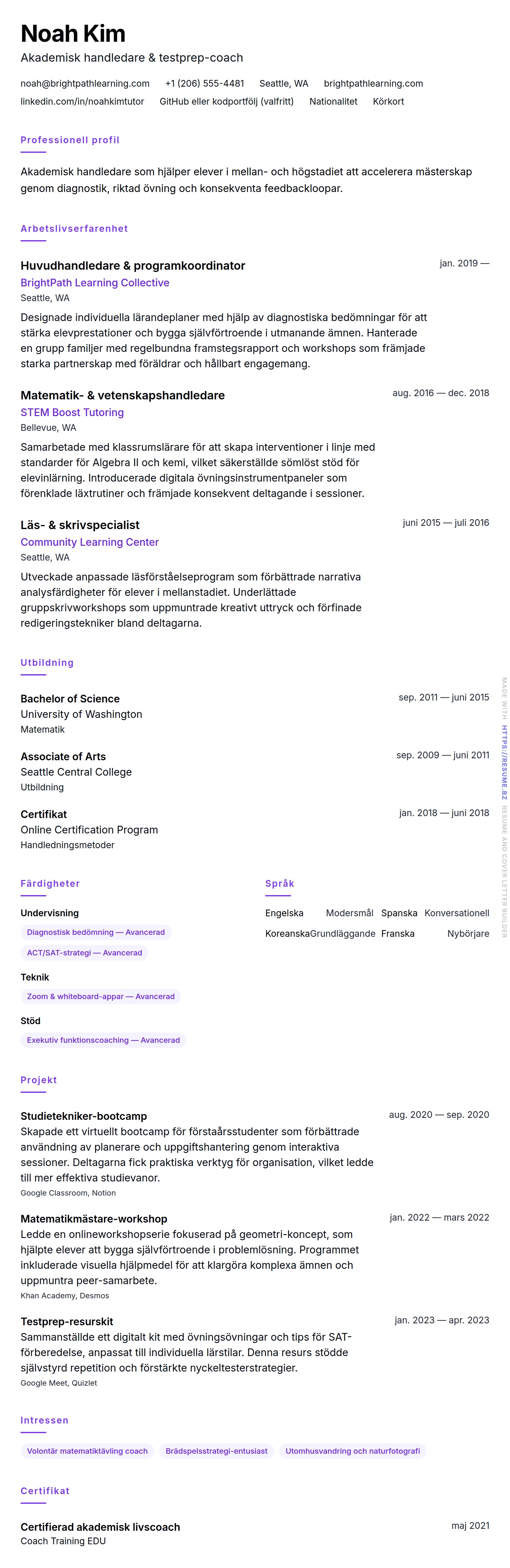 CV-förhandsgranskning för Exempel på lärar-CV