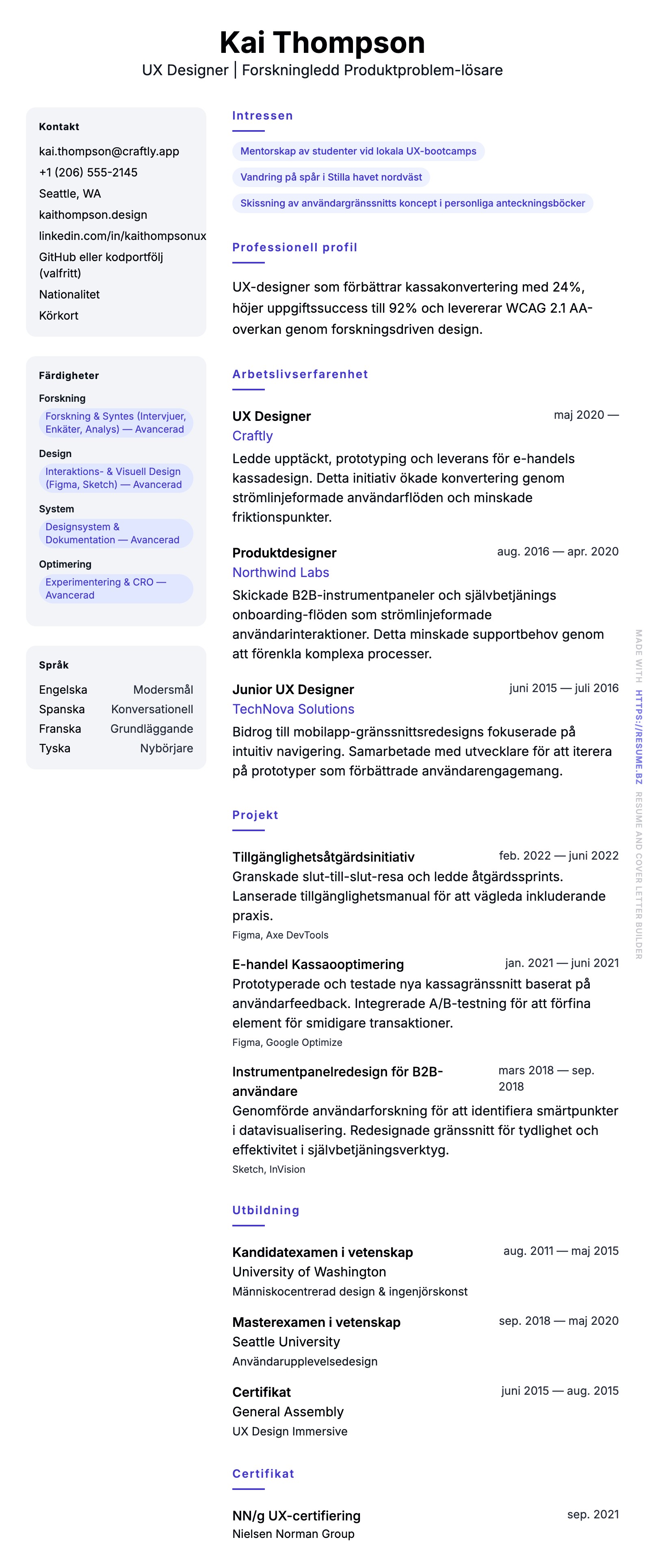 CV-förhandsgranskning för UX Designer CV-exempel