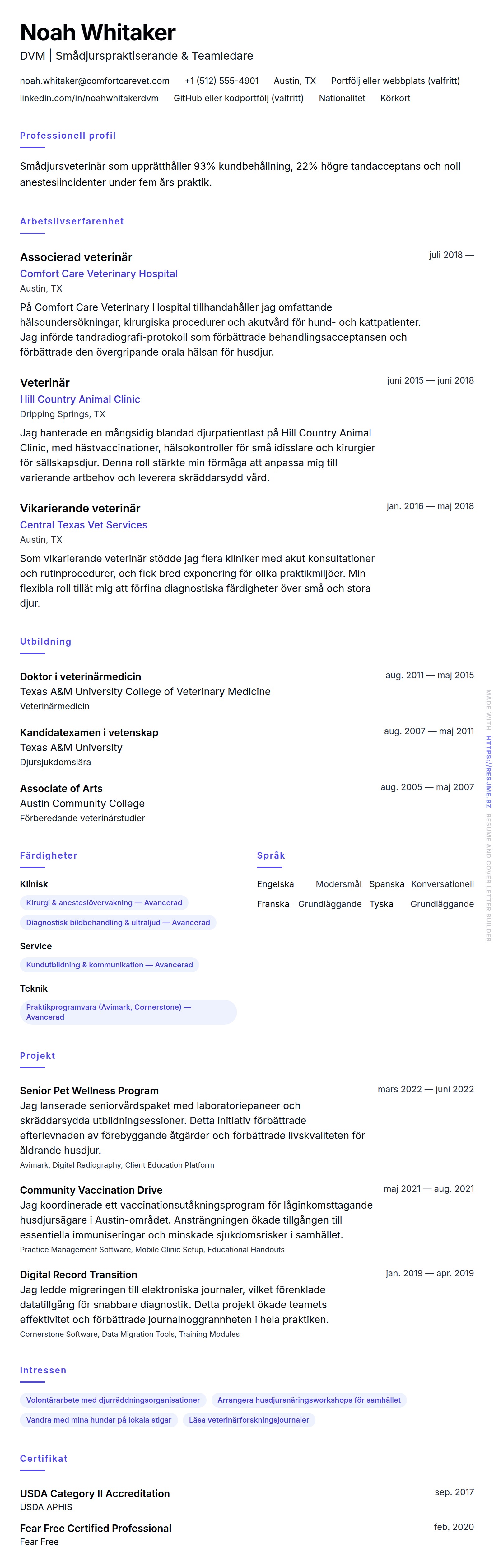 CV-förhandsgranskning för Veterinär CV-exempel