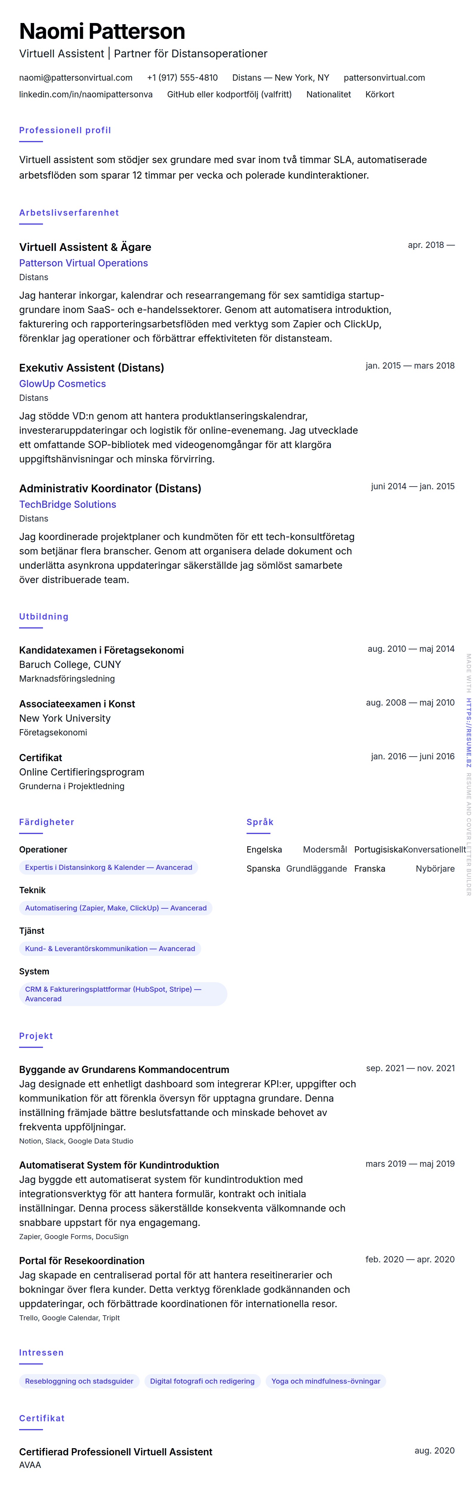 CV-förhandsgranskning för Exempel på CV för Virtuell Assistent