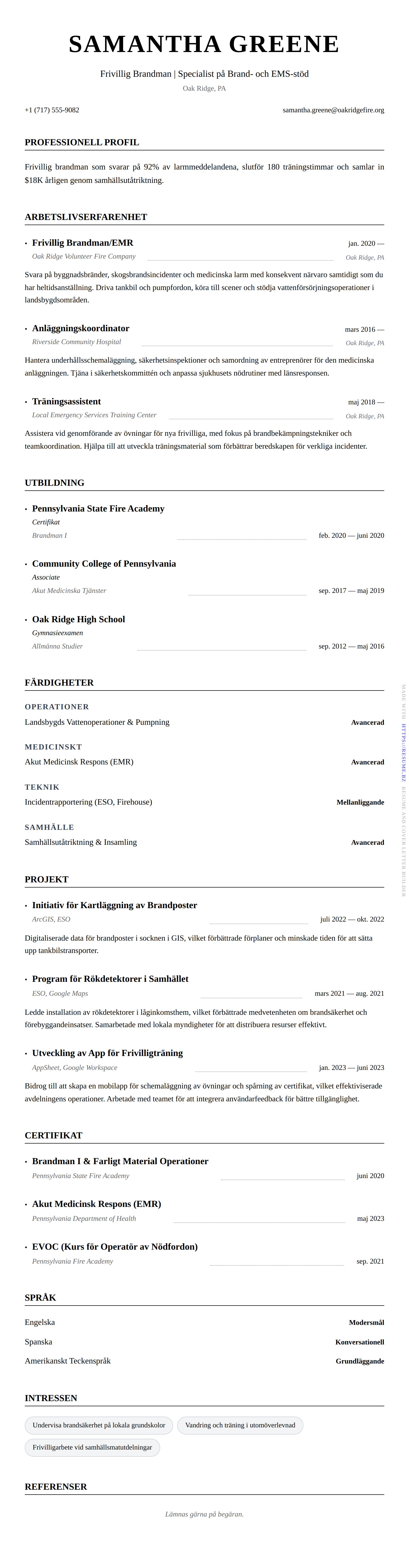 CV-förhandsgranskning för Exempel på CV för Frivillig Brandman