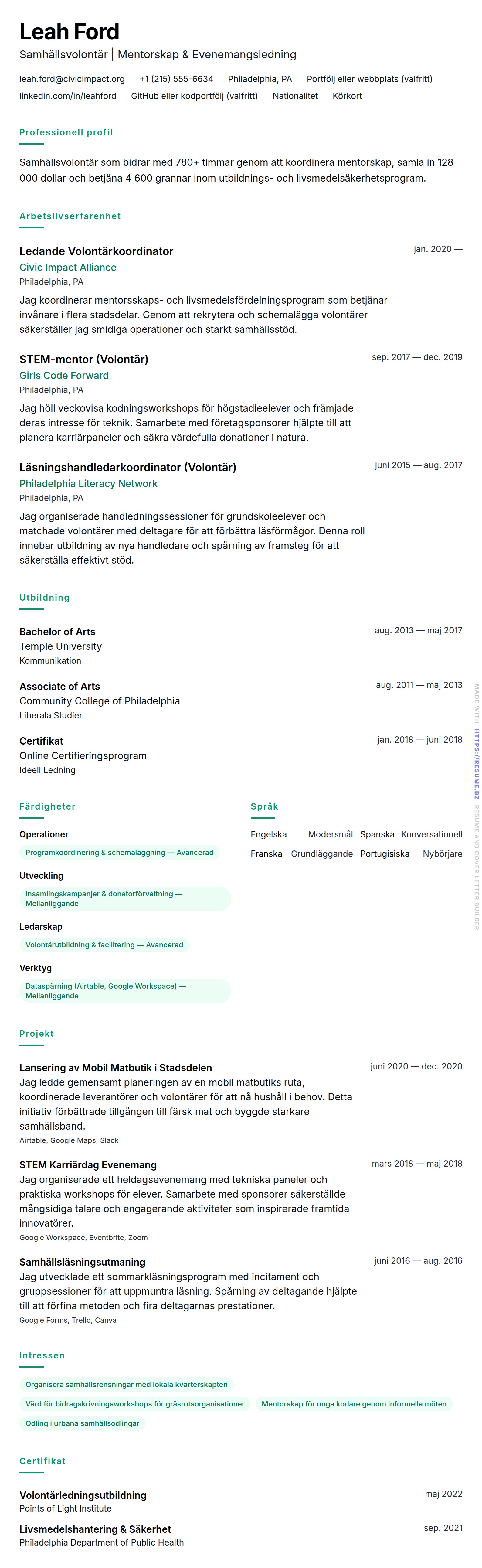 CV-förhandsgranskning för Volontär CV-exempel