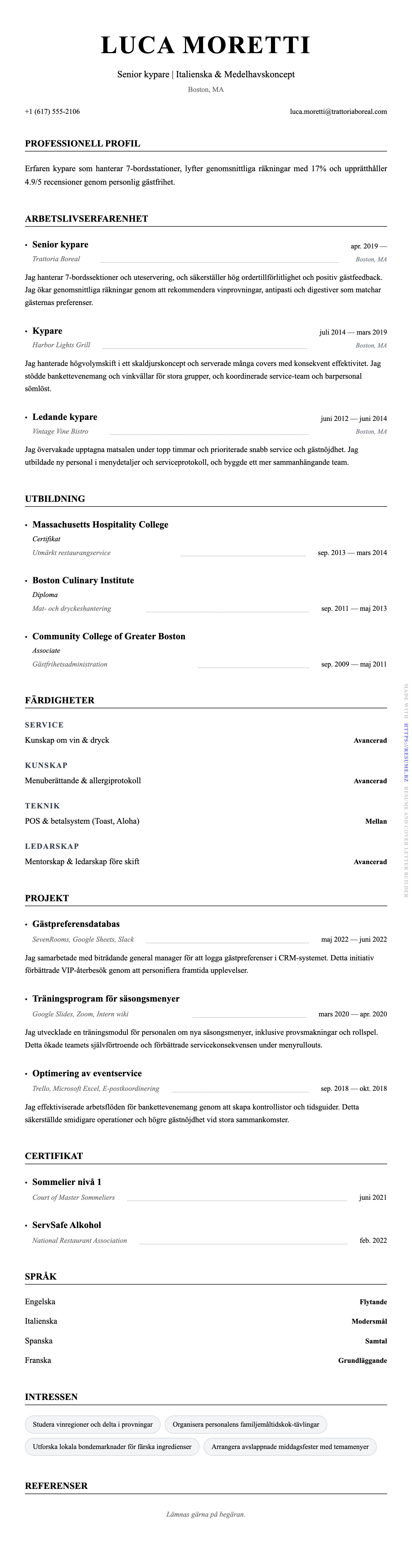 CV-förhandsgranskning för Kypare CV-exempel