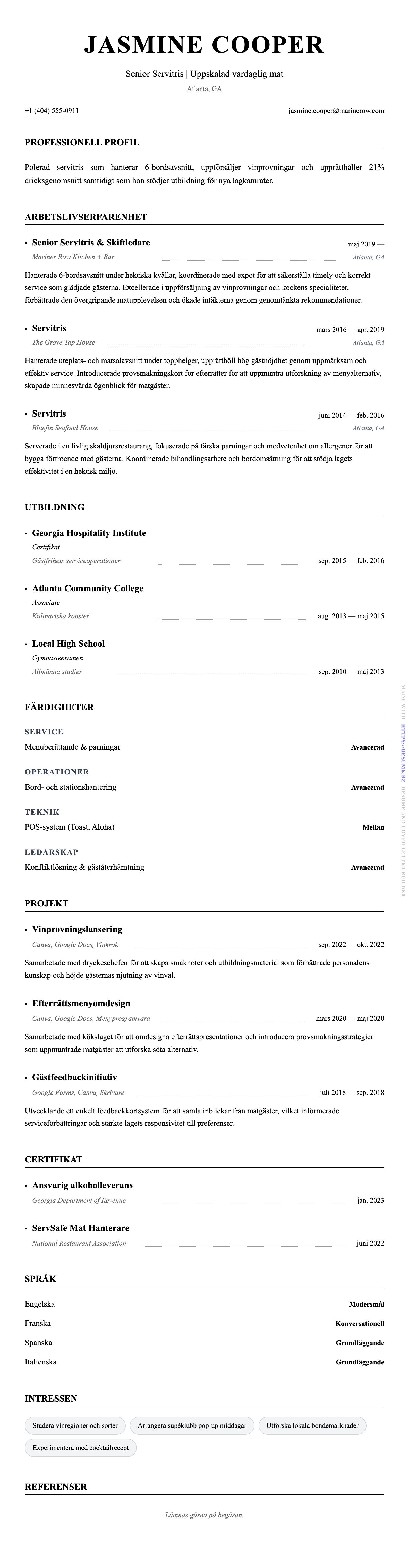 CV-förhandsgranskning för Servitris CV-exempel