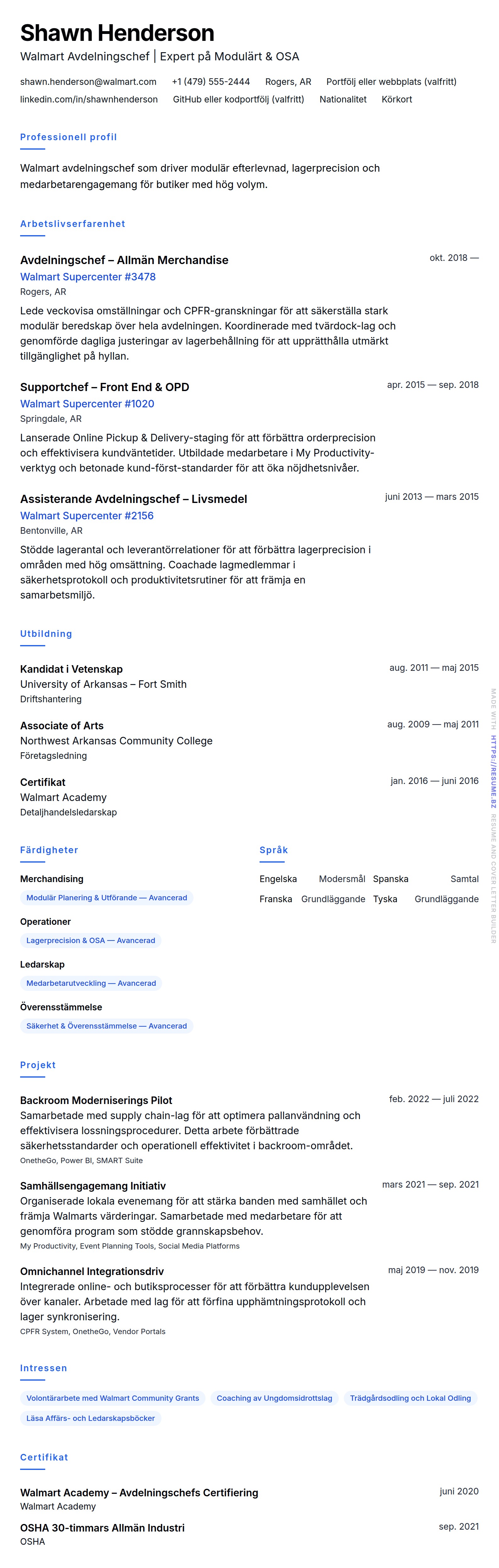 CV-förhandsgranskning för Walmart Avdelningschef CV-exempel