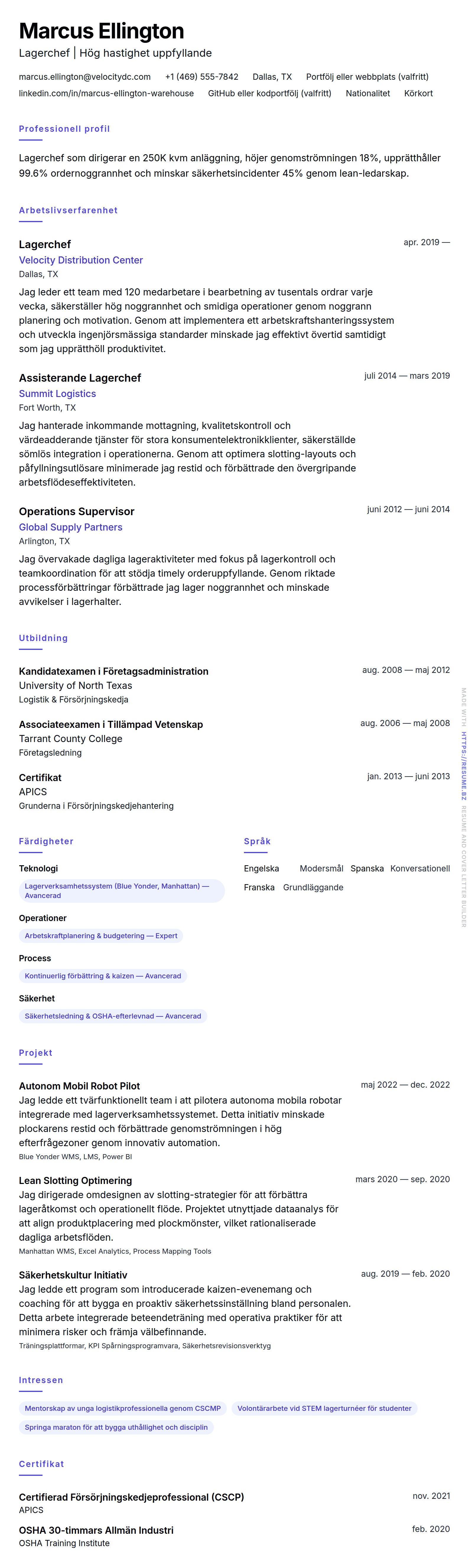 CV-förhandsgranskning för Lagerchef CV-exempel