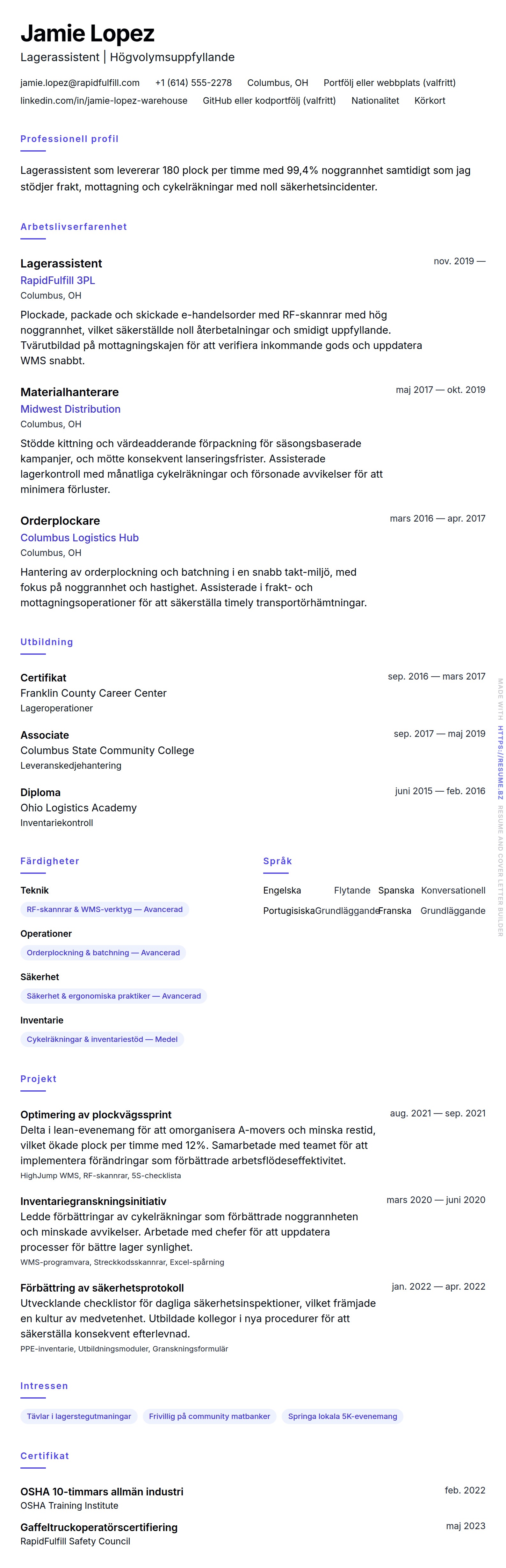 Exempel på CV för lagerarbetare