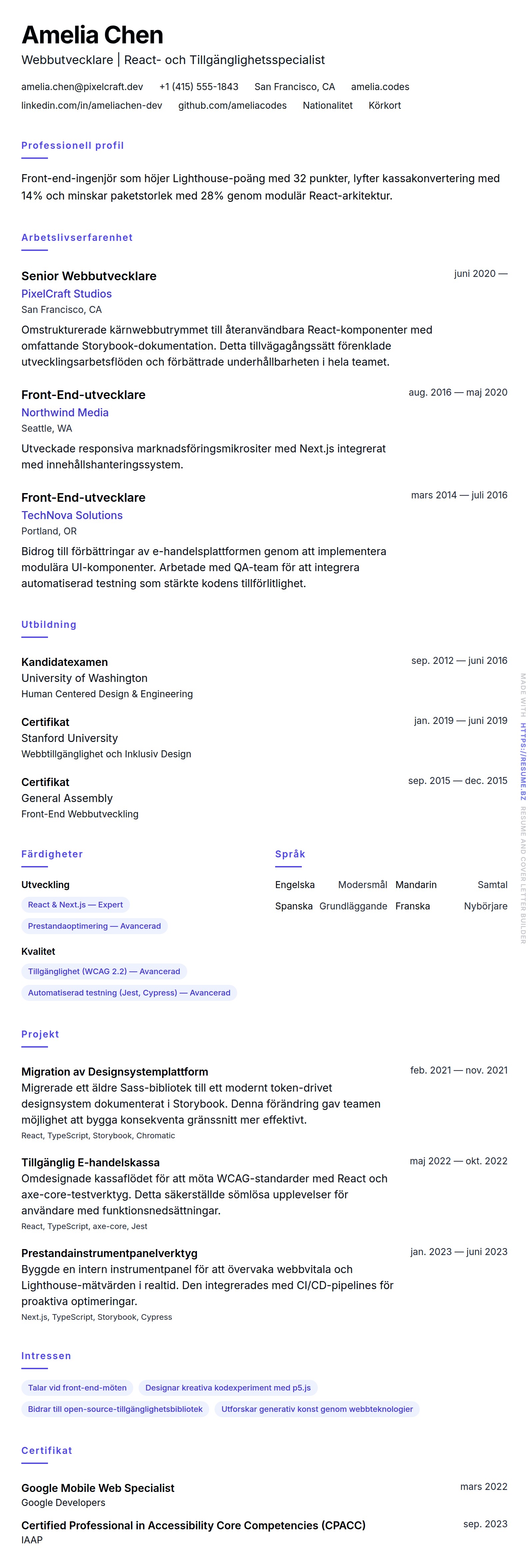 CV-förhandsgranskning för Exempel på CV för Webbutvecklare