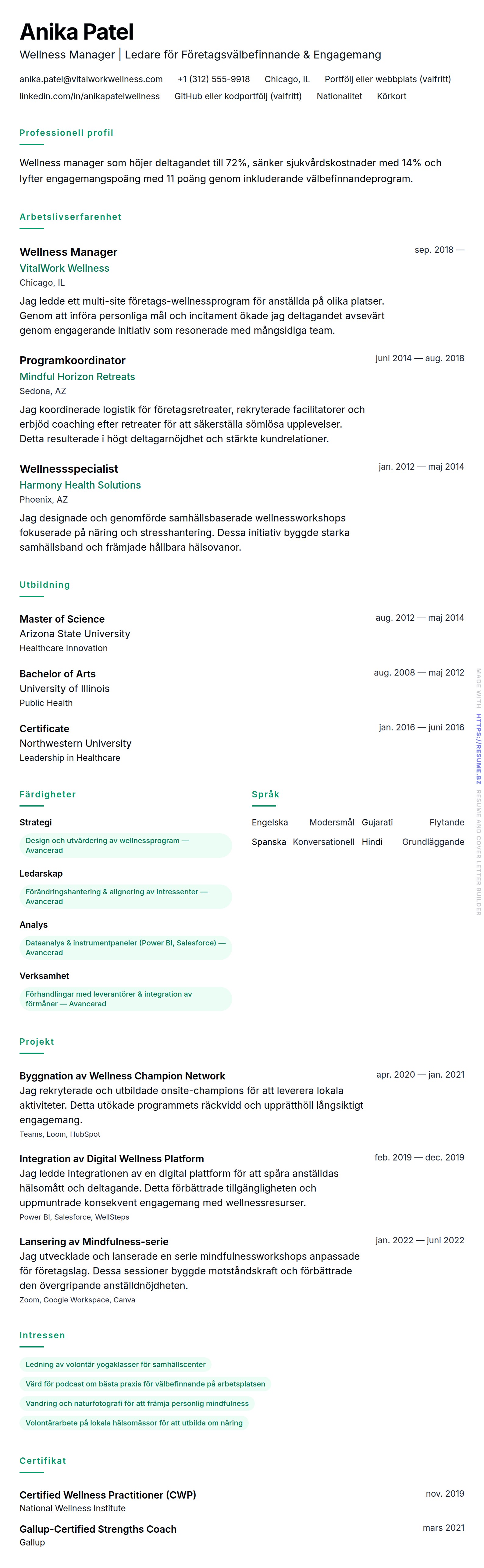 CV-förhandsgranskning för Exempel på CV för Wellness Manager