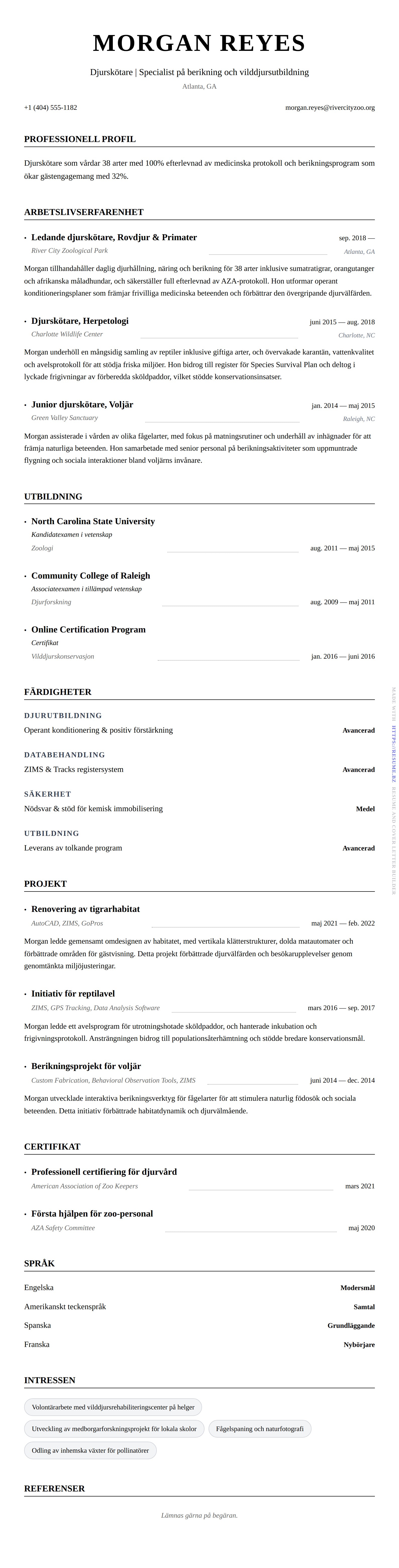 CV-förhandsgranskning för Exempel på CV för djurskötare