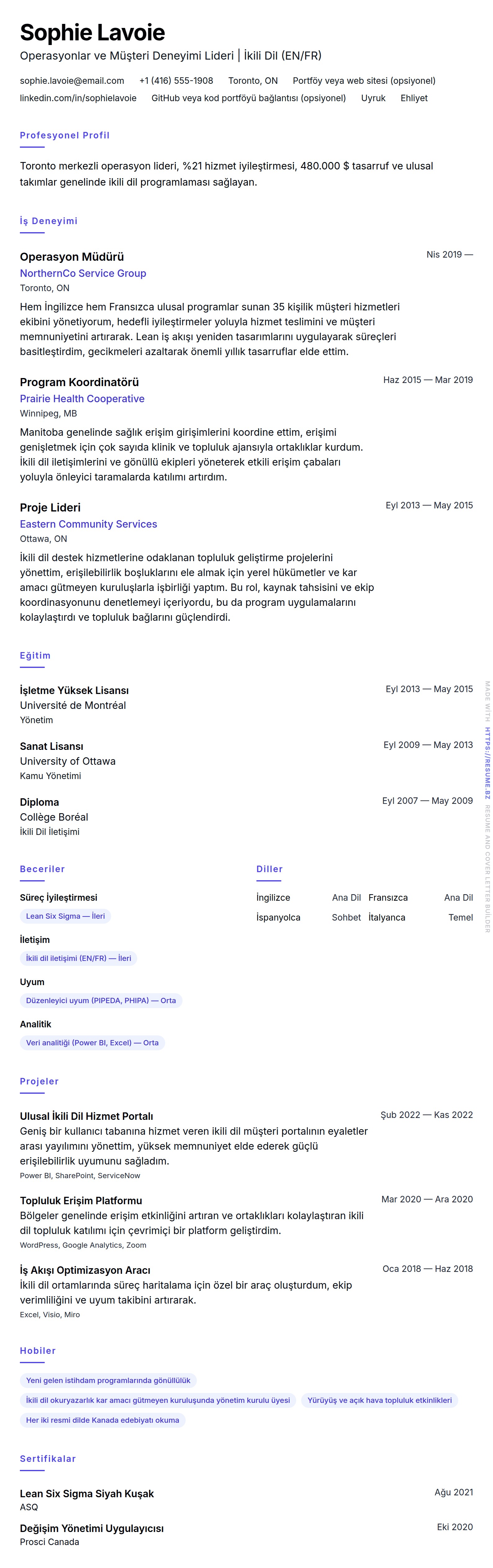 Kanada Özgeçmiş Formatı Örnek Özgeçmiş için özgeçmiş önizlemesi