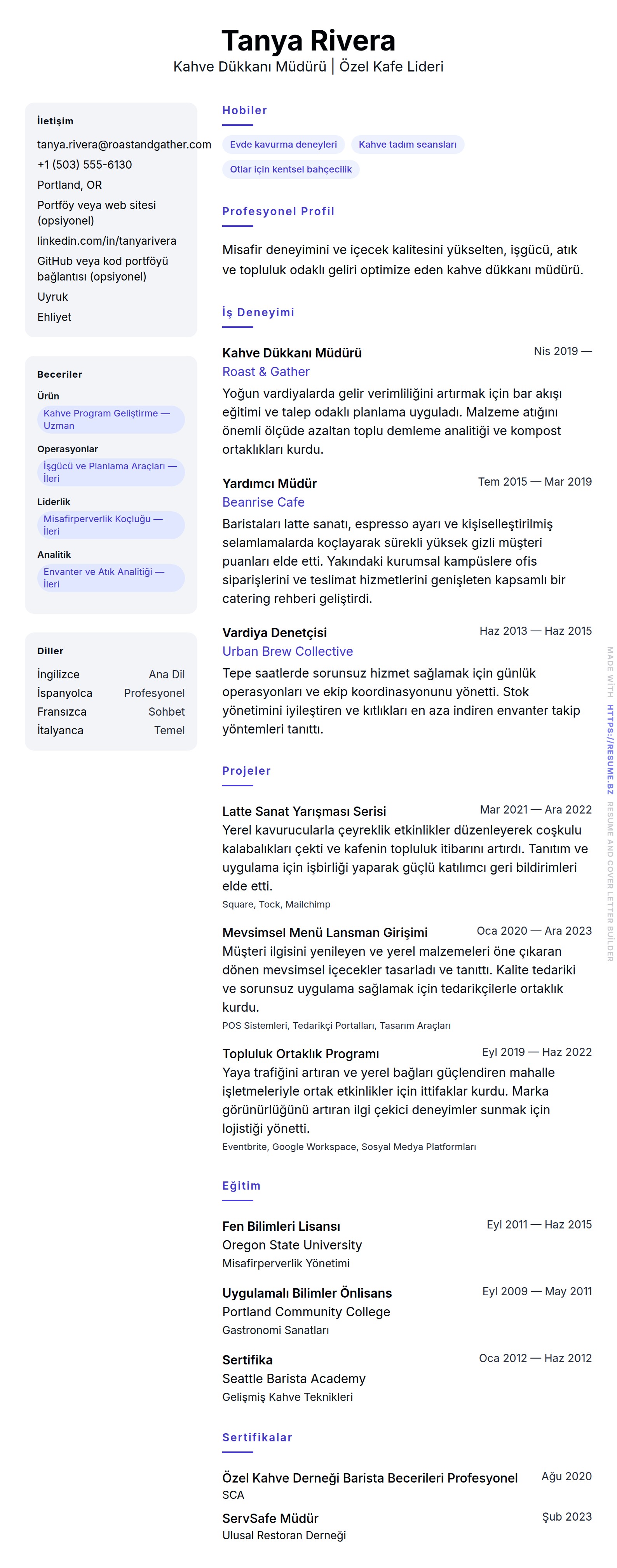 Kahve Dükkanı Müdürü Özgeçmiş Örneği için özgeçmiş önizlemesi