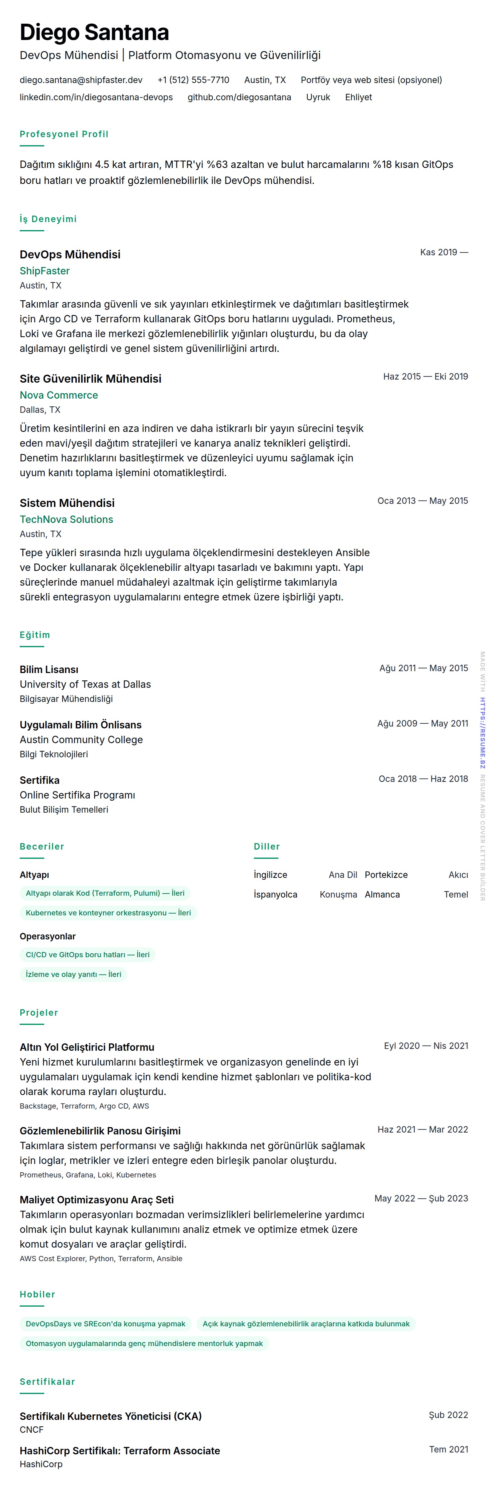DevOps Mühendisi Özgeçmiş Örneği için özgeçmiş önizlemesi