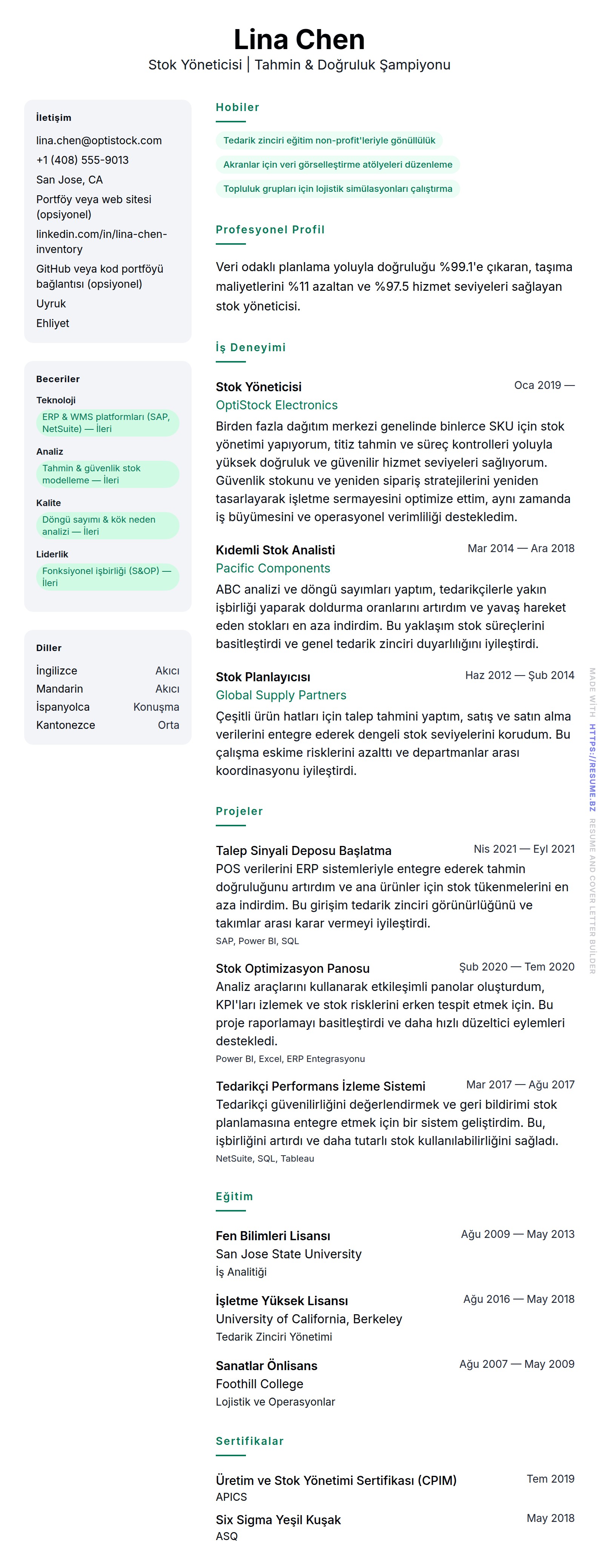 Stok Yöneticisi Özgeçmiş Örneği için özgeçmiş önizlemesi