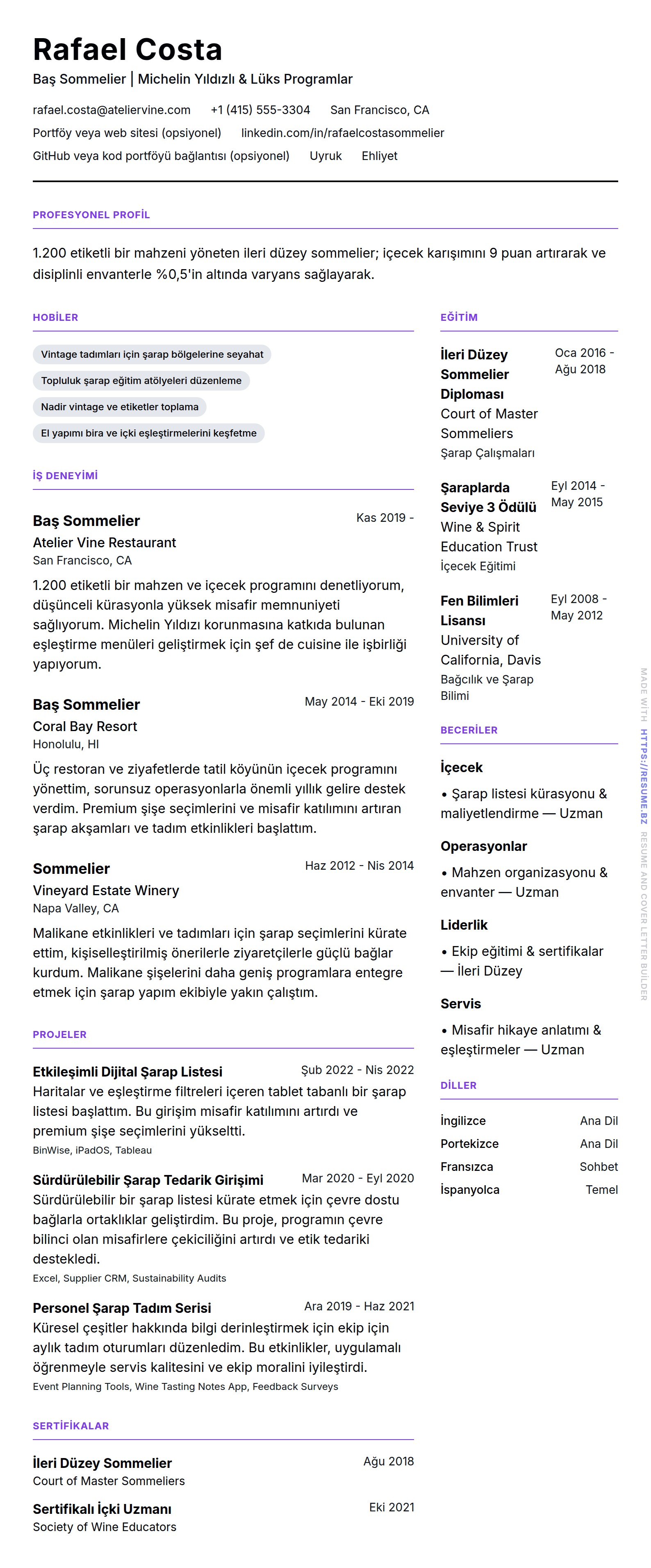 Sommelier Özgeçmiş Örneği için özgeçmiş önizlemesi