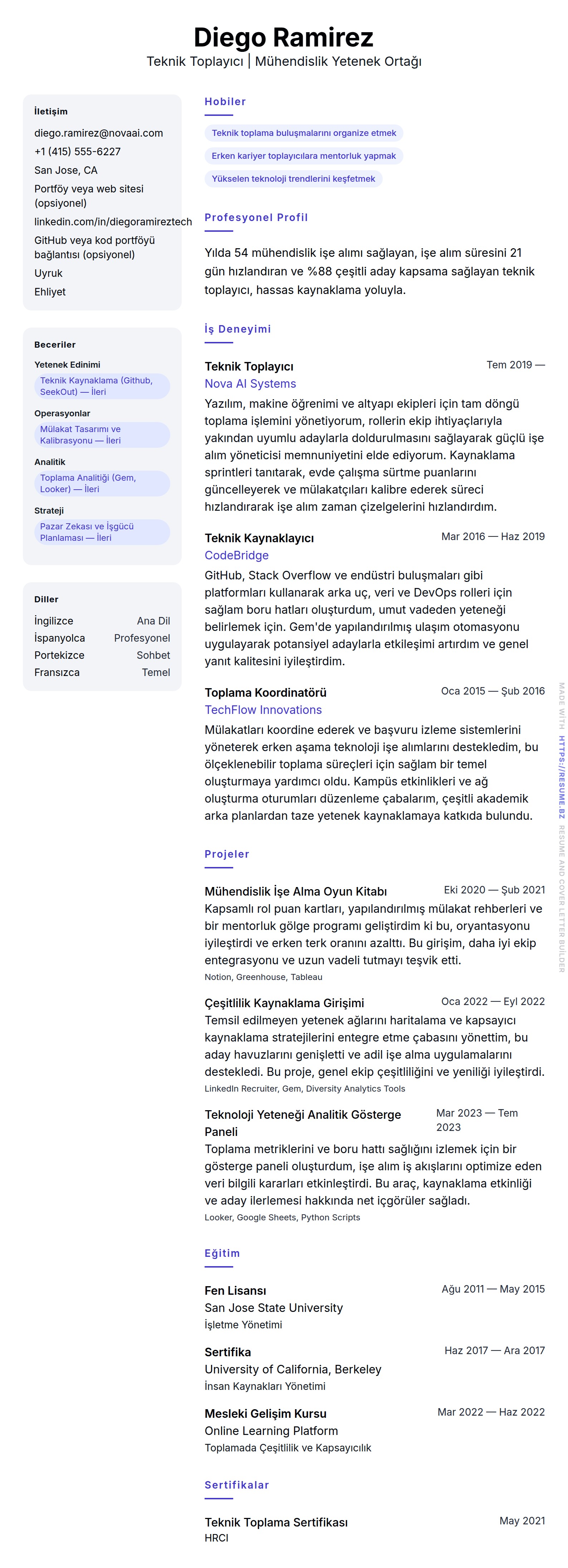 Teknik Toplayıcı Özgeçmiş Örneği